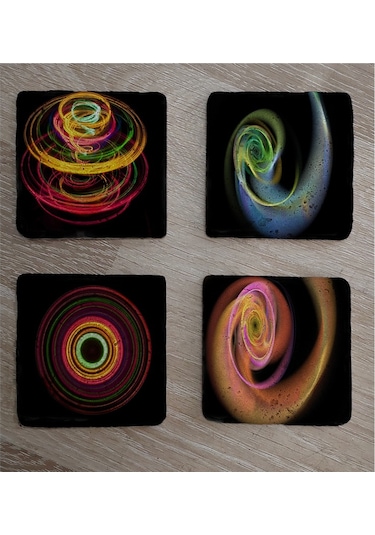 Radyal Renkli Tasarımlar Doğal Taş Bardak Altlığı 4'lü Set - Natural Stone Coasters - Taş Çok Renkli