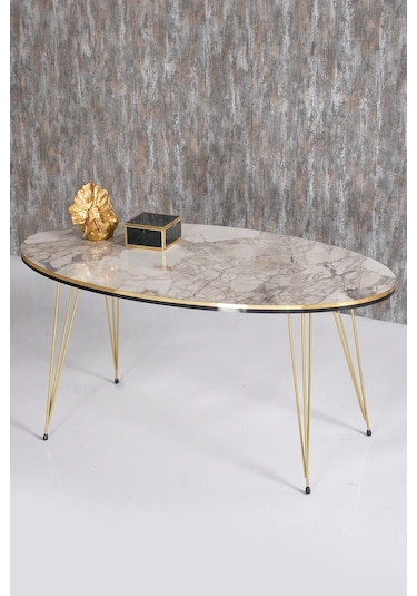 Zigon Sehpa Ve Orta Sehpa Elips Set Çift Gold Efes Tel Ayak