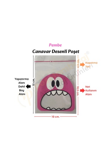 100 Adet Pembe-sarı-mavi Renkli Canavar Desenli Cake Pop & Kurabiye Poşeti-10x15 Cm