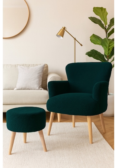 Roma Berjer + Puf Set - Welsoft Yumuşak Kumaş - Ahşap Ayak - Yeşil Yeşil
