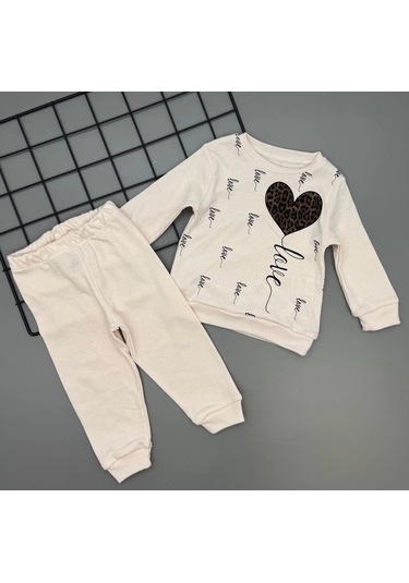 Kız Çocuk Leopar Desenli Kalp Baskılı Alt Üst İkili Gündelik Takım 1-4 Yaş Krem