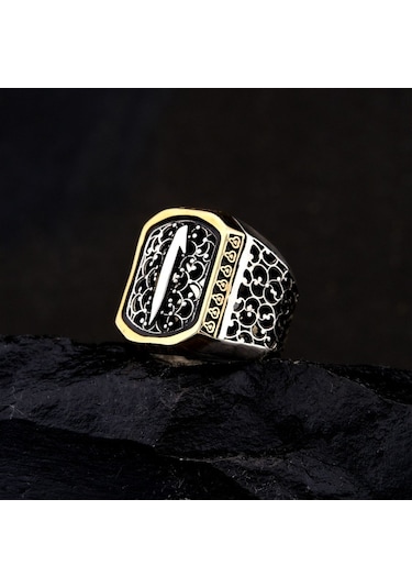 925 Ayar Gümüş Telkari Detaylı Elif İşlemeli Erkek Yüzük Çok Renkli
