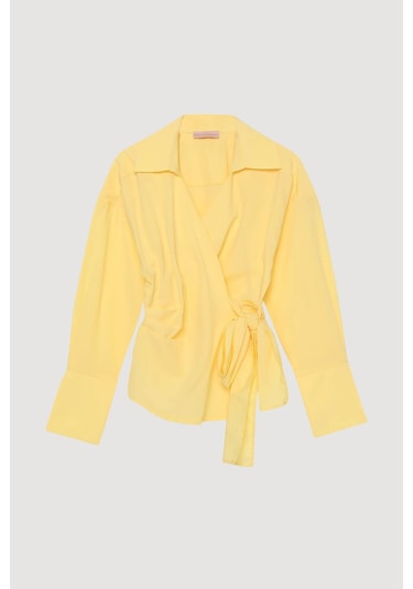 Quzu Bağlama Detaylı Kruvaze Sarı Kadın Bluz Blz00130 Sari