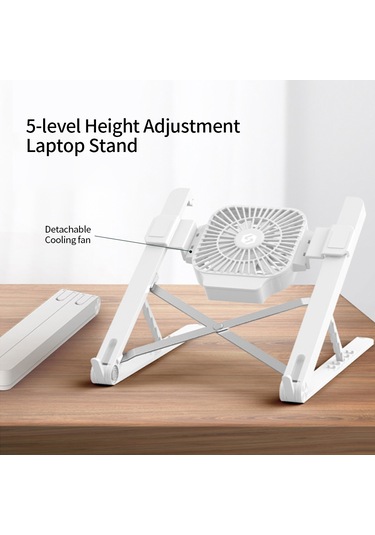 Skycity Alüminyum Laptop Standı 5 Seviye Yükseklik Ayarı + Soğutucu Fan 17 İnç'e Kadar Taşınabilir Katlanabilir Beyaz
