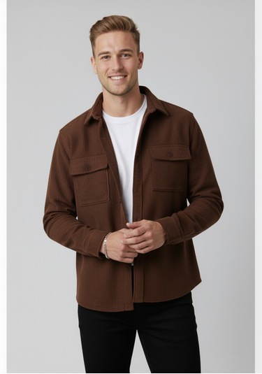 Deepsea Kiremit Cepli Likralı Kadife Kumaş Rahat Kesim Erkek Gömlek Yumuşak Dokulu, Şık Tasarım Gömlek 2600759 Kiremit