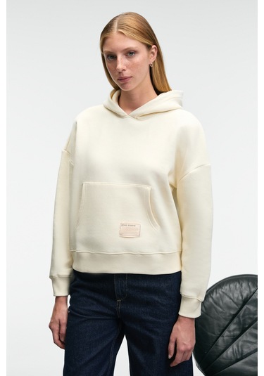 CLARIE Kadın Organik Pamuklu Oversize Kanguru Cepli Kapüşonlu Ekru Sweatshirt