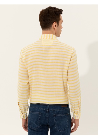 Cacharel Sarı Keten Karışımlı Slim Fit Uzun Kollu Gömlek
