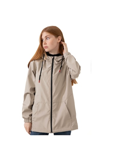 Kadın Taş Içi Astarlı Su Geçirmez Ve Rüzgara Dayanıklı Kapüşonlu Cepli Yağmurluk - Rüzgarlık Taş