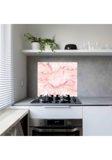 Cam Ocak Koruyucu ve Kesim Tablası Pembe Mermer (50cm x 56cm) Tek