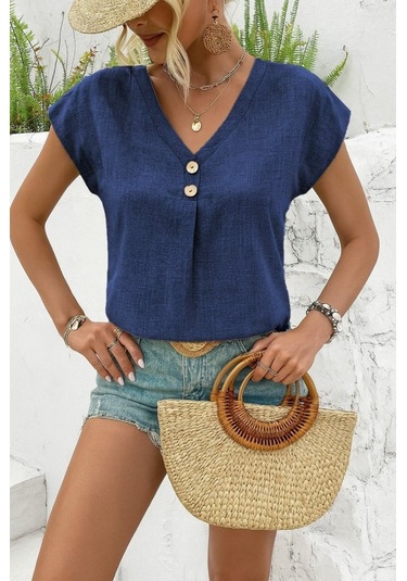 Simala Kadın Kısa Kollu V Yakalı Düğmeli Keten Bluz Mavi