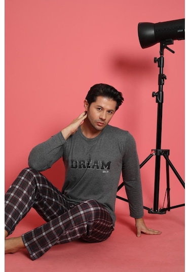 Erkek Penye Pamuk Regular Kalıp Sıfır Yaka Pijama Takımı A803123-füme Füme