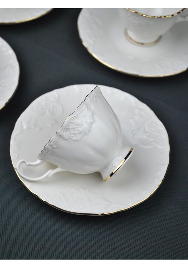 6 Kişilik Porselen Kahve Fincanı Seti Gold Yaldızlı Kahve Fincan Takımı- Rosemary 90ml Beyaz