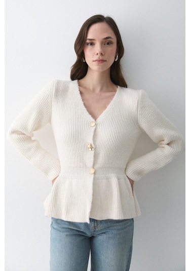 Krem 3 Düğmeli Pileli Hırka - 251065 Krem