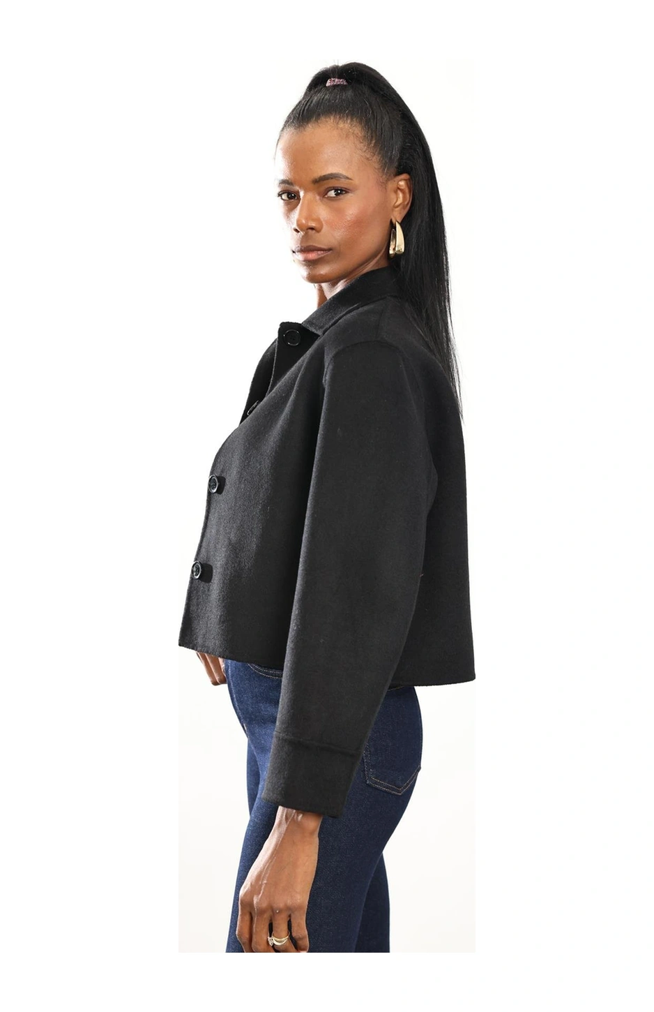 Siyah Gömlek Yaka Kısa Yün Ceket Siyah