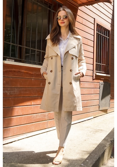 Pastelastore %100 Pamuk Gabardin Midi 95cm Astarlı Kemerli Kadın Trençkot 1113 Taş Rengi Taş