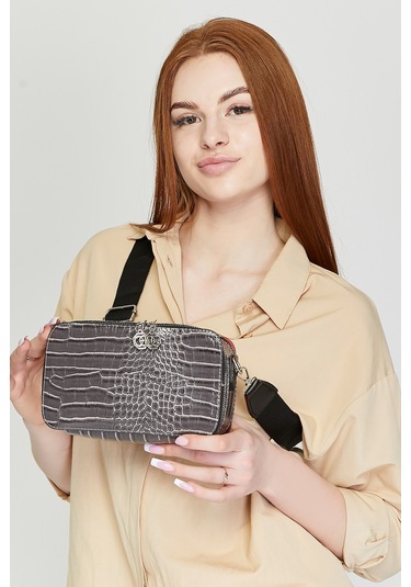 Morpelikan Gri Kroko İki Bölmeli Kadın Omuz Çantası Gri
