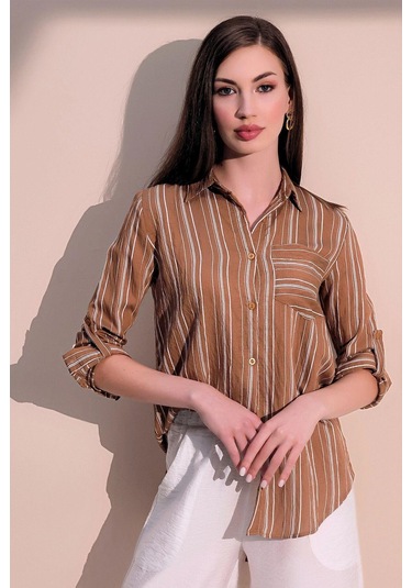 Kadın Kahverengi Uzun Kol Özel Kumaş Tek Cep Gömlek Dik Çizgili Arkası Uzun Basic Kesim Gömlek Kahve