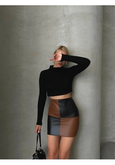 Damalı Deri Etek Siyah Kahve W24648 Siyah