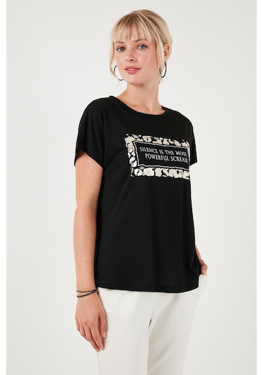 Lela Baskılı Bisiklet Yaka Regular Fit Bayan T Shirt 6671007 Siyah Lela Baskılı Bisiklet Yaka Regular Fit Bayan T Shirt 6671007 Siyah