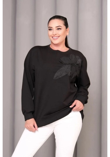 Çiçek Aplikeli Sweatshirt Siyah
