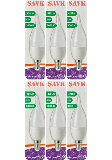 6 Adet Şavk 5,5w 37w Sarı Işık 3000k E14 Duylu İnce Duy Led Kıvrık Ampul