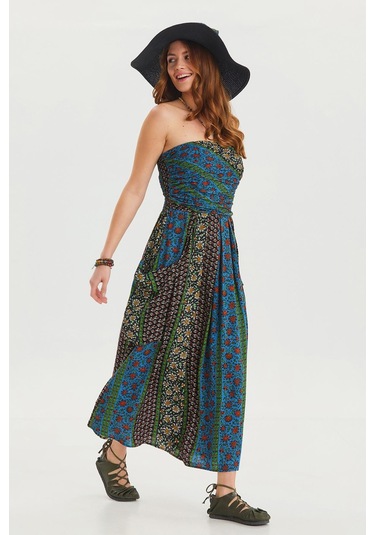 Straplez Göğüs Cep Detaylı Kloş Elbise M