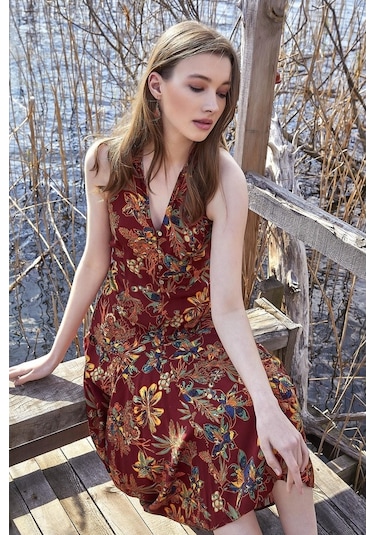 Çiçekli Gömlek Yaka Viskon Elbise