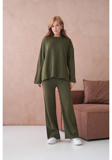 Kadın Bisiklet Yaka Düşük Kol Kazak Pantolon İkili Triko Takım Haki