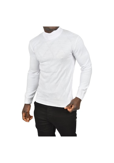 Deepsea Erkek Beyaz Baklava Desenli Yarım Balıkçı Yaka Boğazlı Triko Kazak 2505508 Beyaz