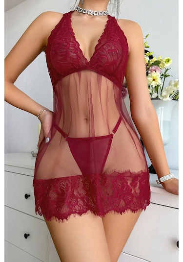 Merry See Dantelli Transparan Tangalı Gecelik Takım Kırmızı