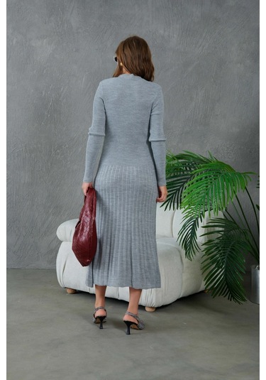 Kadın Bisiklet Yaka Tül Detay Maksi Boy Fitilli Triko Elbise Gri