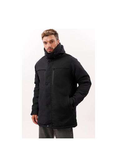 Erkek Polarlı Kürklü Su Ve Rüzgar Geçirmez Kapüşonlu Kışlık Mont & Kaban & Parka - Elyaflamalı Siyah