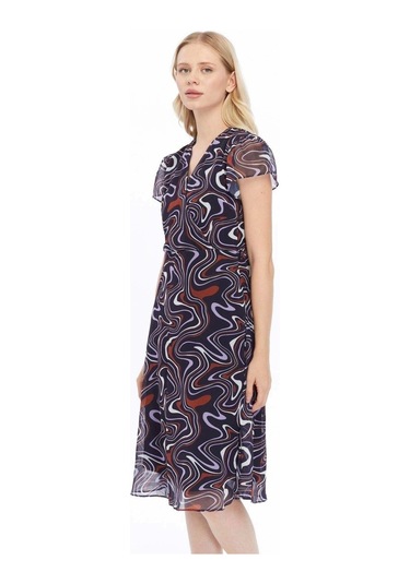 Apsen Kadın Lacivert Desen Kruvaze Yaka Midi Boy Şifon Elbise 4445-110 Lacivert