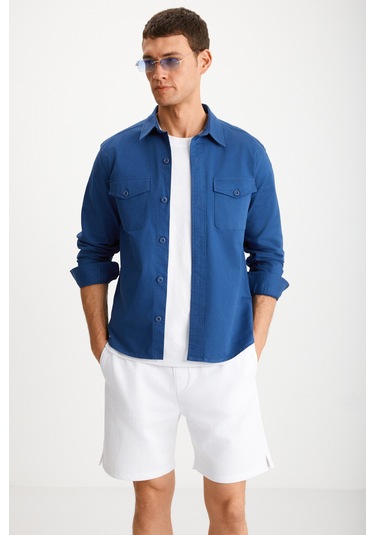 Nader Erkek Kalın Dokuma Kanvas Kumaşlı Gömlek Tipi Mavi Ceket