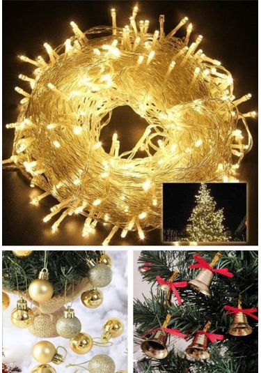 Özel 3 Lü Yılbaşı Seti 12 Li Gold Yılbaşı Ağacı Topu 12 Adet Çam Ağacı Çanı 10 Metre Peri Led Işık Çok Renkli