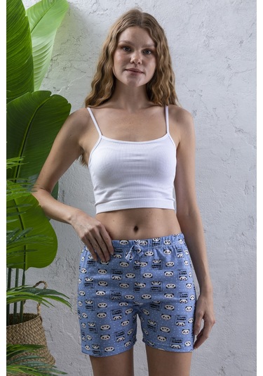 Giysa Kadın Beli Lastikli Desenli Şort Pijama Altı Mavi - 2027 Mavi