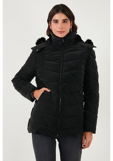 Lela Kapitoneli Slim Fit Çıkarılabilir Kapüşonlu Bayan Mont 497Mara Siyah