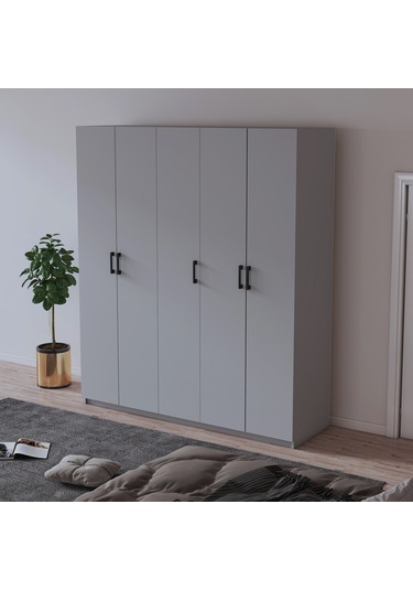 %100 Mdflam 5 Kapaklı 150cm Gardrop G-09 Kül Gri