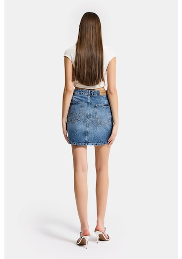 Itsbasic Kadın Mavi T2-4s6-4 Straight Fit Parlak Taşlı Özel Tasarım Mini Denim Etek