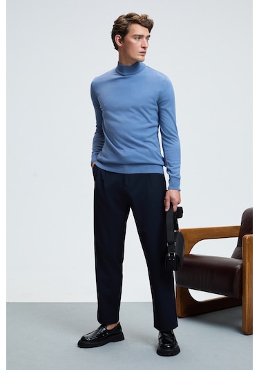 REBEL Erkek Yarım Balıkçı Yaka Basic Slim Fit Triko Mavi Kazak