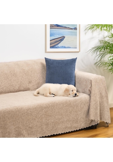 Jakarlı Şönil Koltuk Örtüsü Kanepe Örtüsü Koltuk Şalı 175x350 Kaymaz Bej Bej