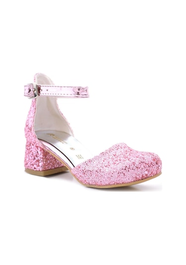 Merida Parlak Pembe Kalın Topuklu Taşlı Kız Çocuk Topuklu Ayakkabı Pembe