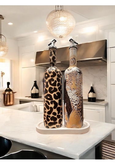 Leopar Desenli Zeytinyağı Sıvıyağ Şişesi Yağdanlık Yağlık, Sirkelik, Sosluk 2'li Set, Ev Dekoru Kahverengi