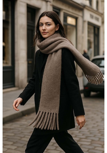 Kadın Püskül Detay Atkı Omuz Şalı 40x200 Cm 1295 Vizon Vizon
