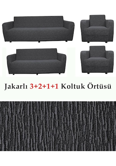 StarMall Jakarlı Çubuk, Düz Desen 3 2 1 1 Lastikli Koltuk, Kanepe, Çekyat Örtüsü, Kılıfı Esnekli Antrasit