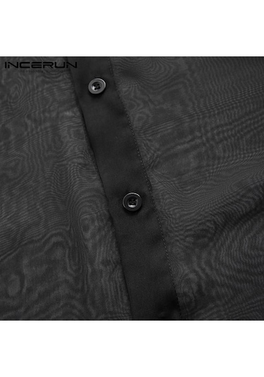 İncerun Yaz Erkek Uzun Kollu Gömlek İnce Düğme Clubwear Parti Siyah Üstler Siyah