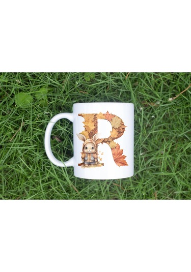 R Harf Sonbahar Yaprak Temalı Kupa Bardak - Sevimli Figürler İle Alfabe Harfli Bardak - Kişiye Özel Beyaz