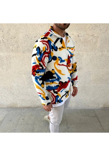 Erkek Yarım Fermuarlı Desenli Polar Sweat - Renkli Abstract Desen Yakalı, Uzun Kollu, Oversize Rahat Kalıp, - Beyaz Siyah