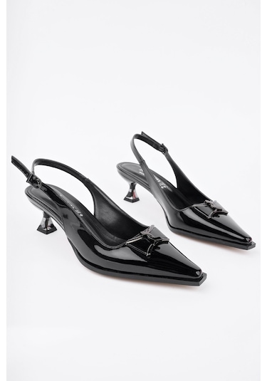 Muggo Forest Arkası Açık Toka Detaylı Günlük Klasik Topuklu Kadın Stiletto Ayakkabı Siyah-Rugan