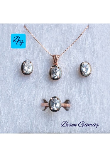 Rose Oval Zirkon Taşlı Tek Taş Set Rose Gold - Gümüş